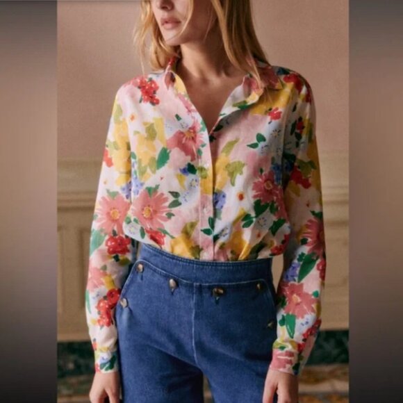 Sezane Pierro Shirt Pastel Floral Print - Size 8 - Picture 1 of 6